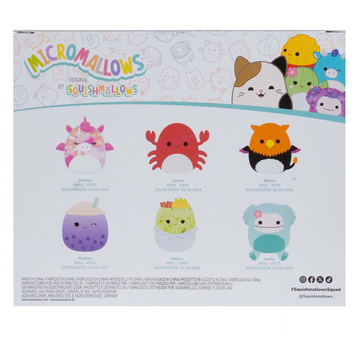 Squishmallows coccolone peluche micromallows - myrnam henley, carlos, anjara, joelle, poplina, confezione da 6