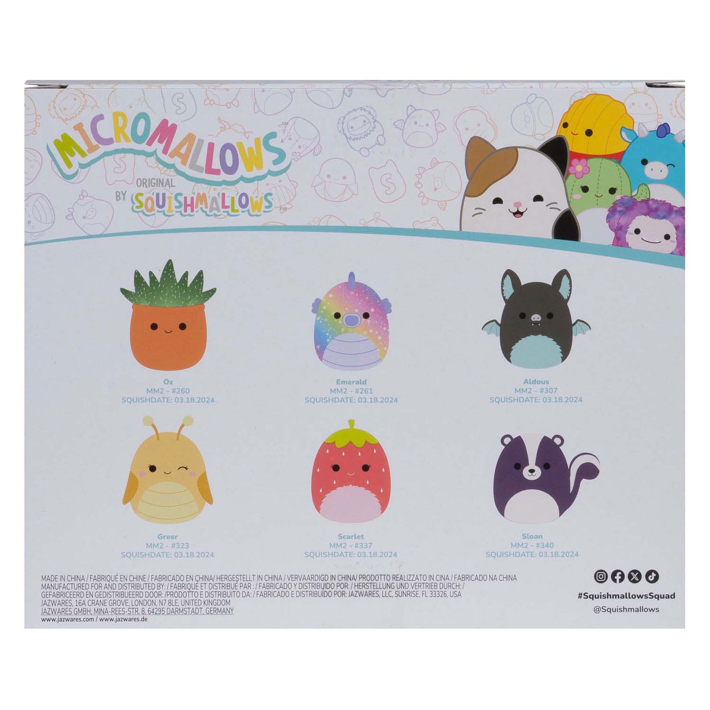 Squishmallows coccolone peluche micromallows - greer, sloan, smeraldo, oz, scarlet, ald, confezione da 6