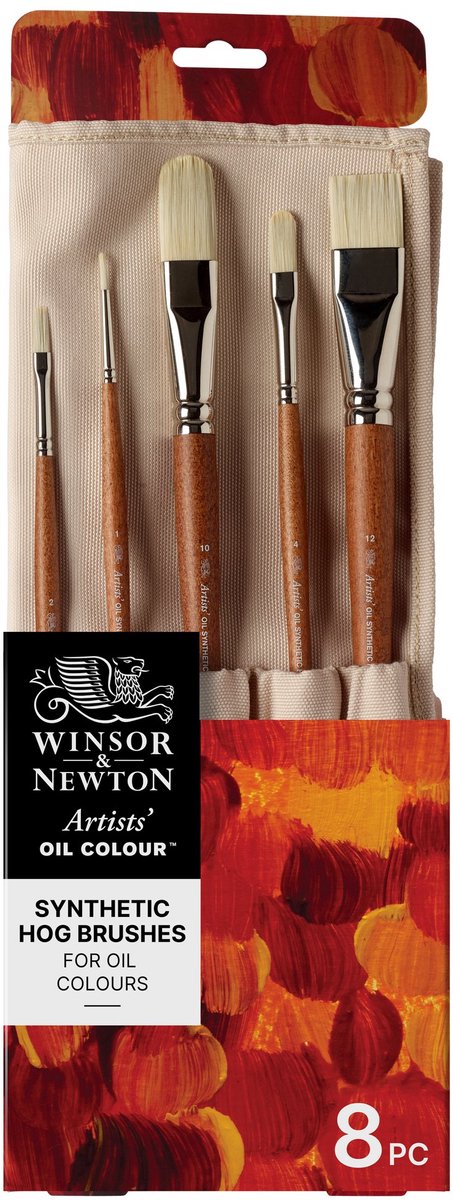 Winsor Newton 5010902 Artists Oil Synthetic Hog Brush Roll – 8 pennelli sintetici di alta qualità per pittura a olio per artisti professionisti (piatto lungo, piatto brillante, rotondo, nocciola, smalto)