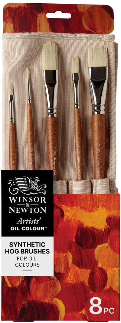 Winsor Newton 5010902 Artists Oil Synthetic Hog Brush Roll - 8 pinceles sintéticos de alta calidad para pintura al óleo para artistas profesionales (largo plano, plano brillante, redondo, avellana, esmalte)