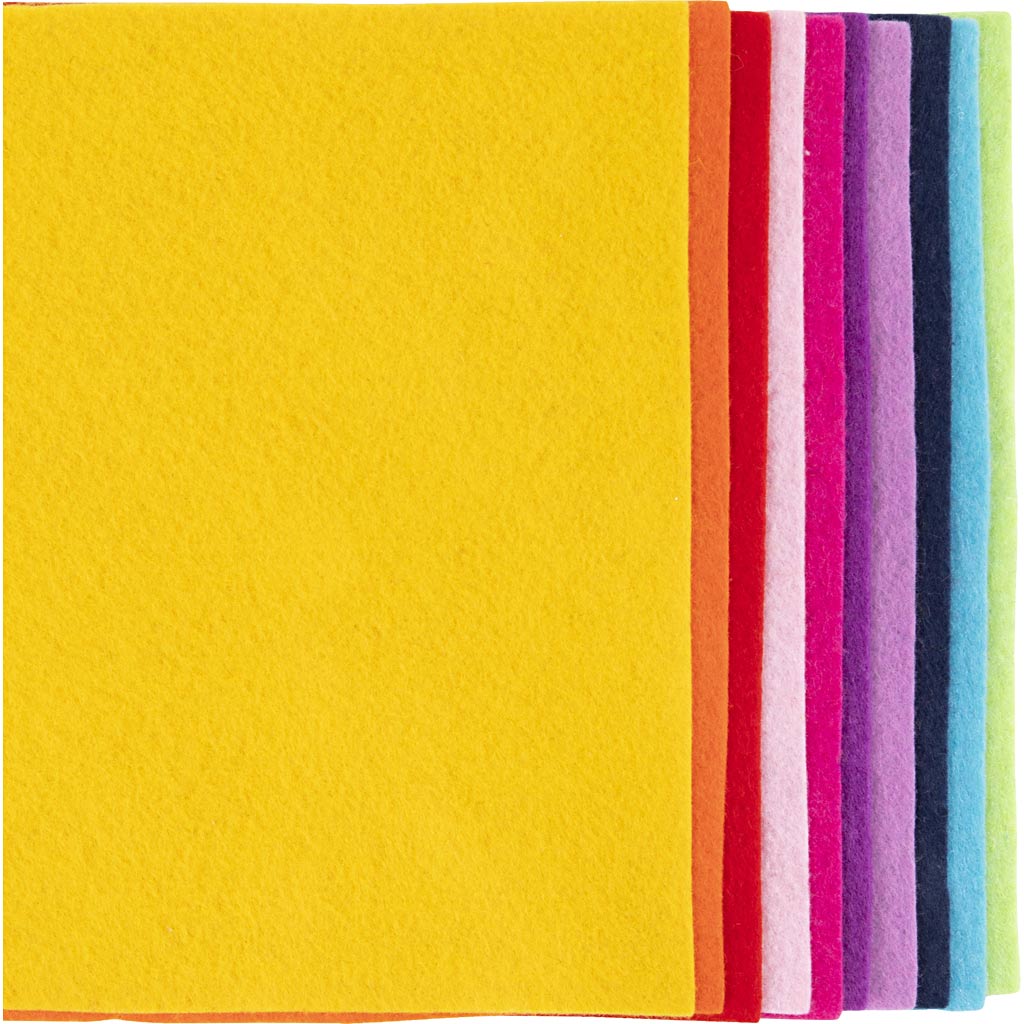 Creativ company hobby fieltro, a4, hoja 210x297 mm, grosor 2 mm, colorido, 10 piezas 1 caja