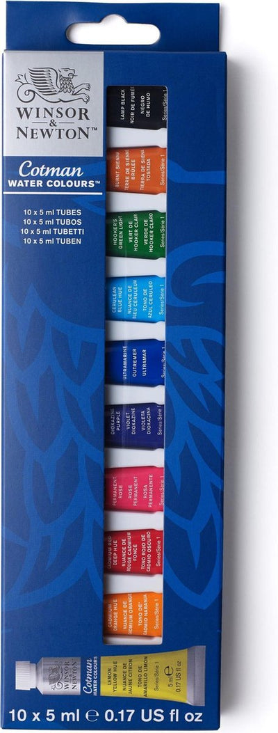 Winsor newton 0390664 cotman aquarelverf set – beginners set 10 x 5 ml – essentiële waterverfkleuren met hoge kwaliteit pigmenten