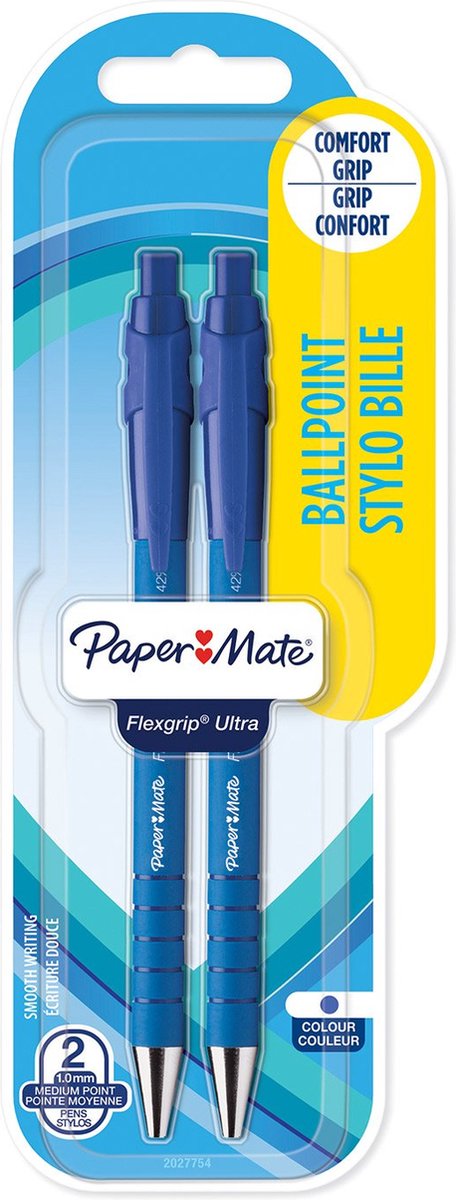 Penne a sfera Paper Mate FlexGrip Ultra con pulsante | punto medio (1,0 mm) | blu | 2 pezzi