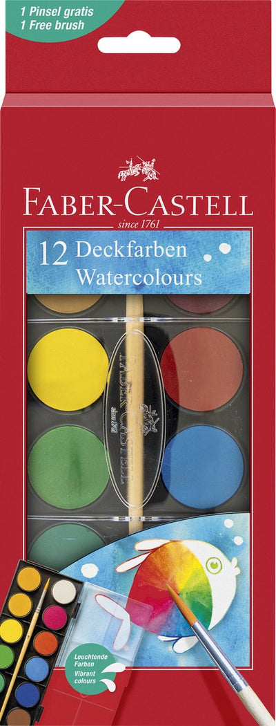 Caja acuarela faber-castell - 12 colores + pincel - recipiente 30 redondos - fc-125018
