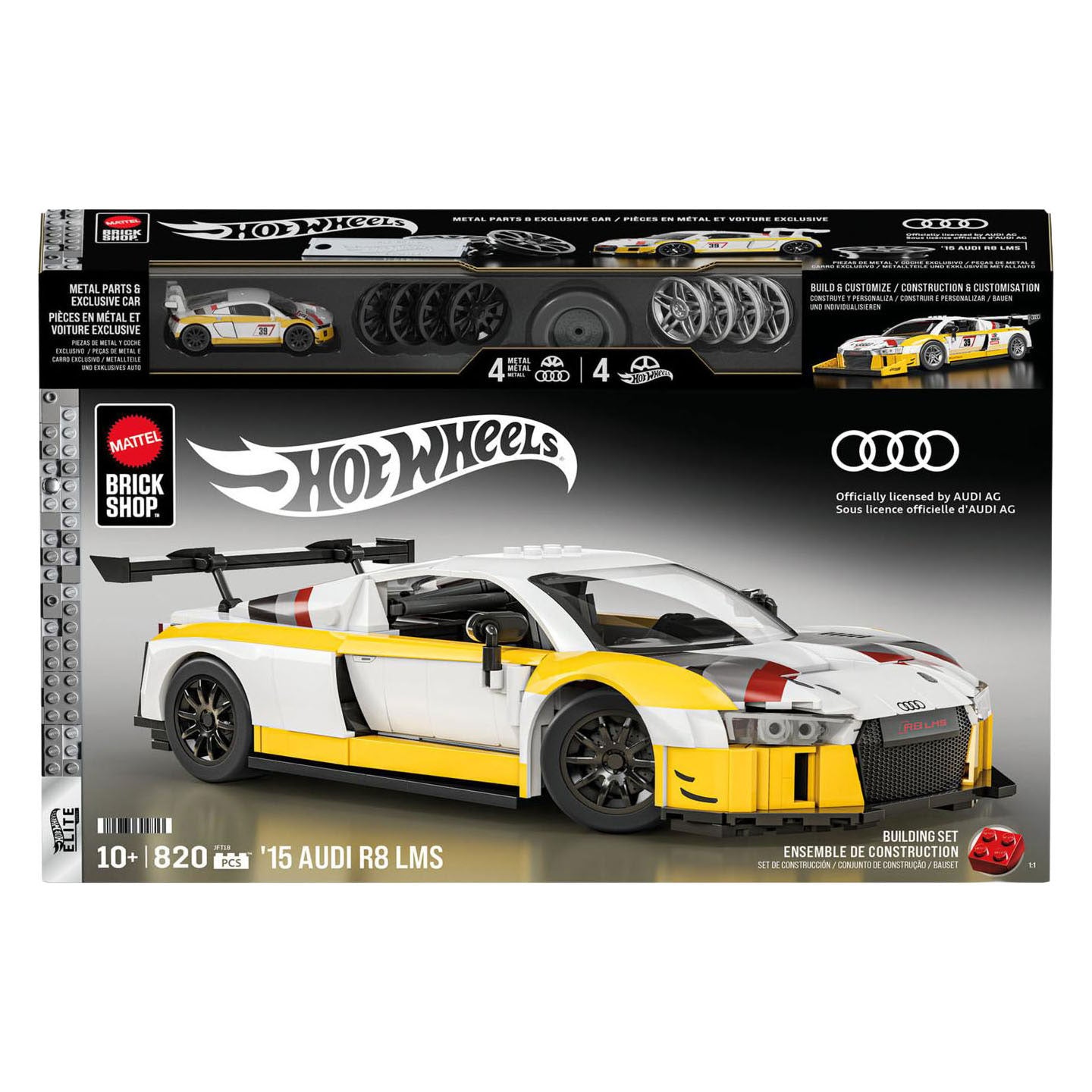 Mattel brick shop hot wheels serie elite - giocattoli da costruzione audi r8 lms del '15 - 820 parti
