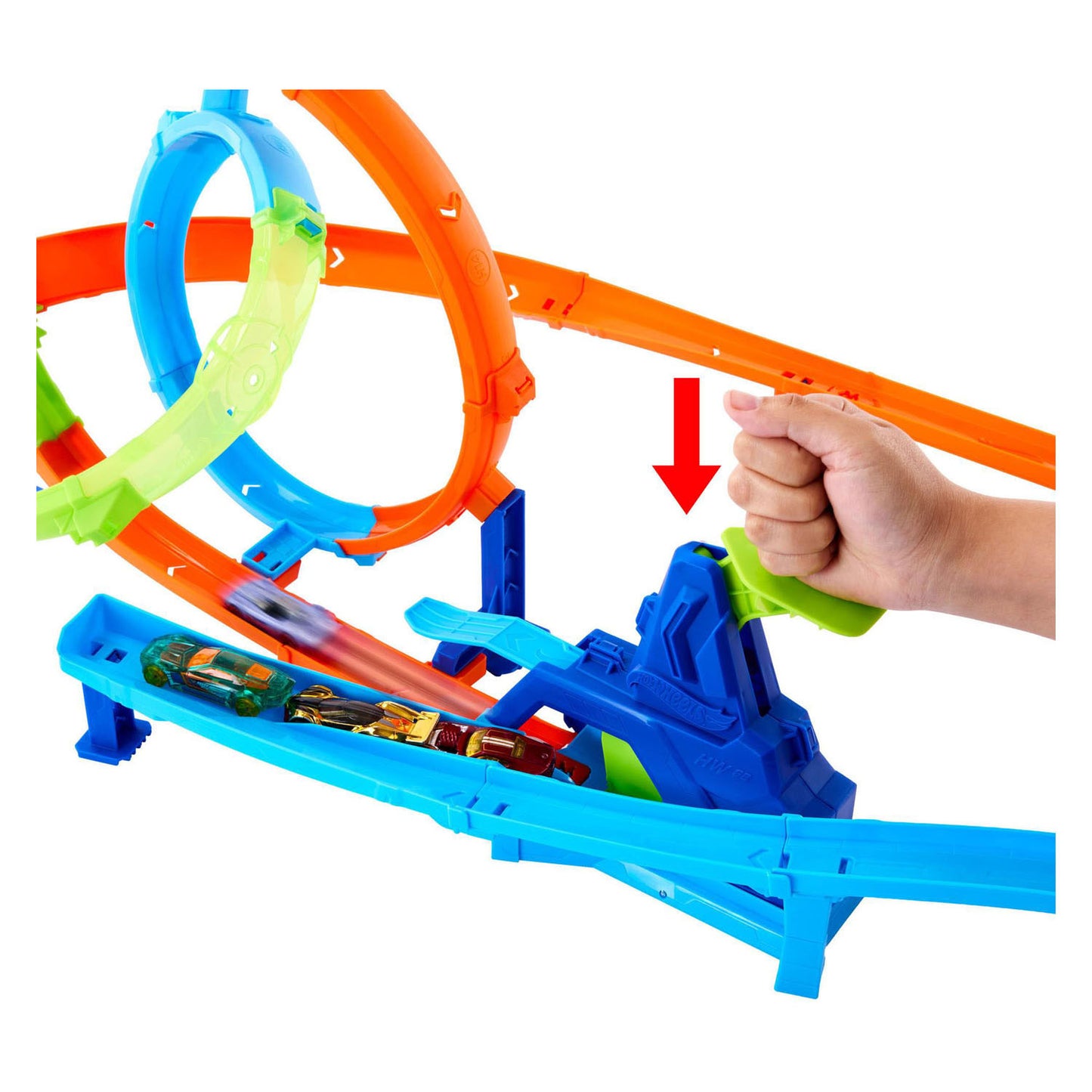 Tracce acrobatiche Mattel Hot Wheels, set di piste cicloniche a lancio rapido e macchinina in metallo