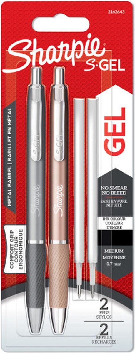 Gel per pennarelli | penne gel in metallo | punto medio (0,7 mm) | grigio acciaio e oro rosso | inchiostro nero | 2 penne e 2 ricariche per penne gel