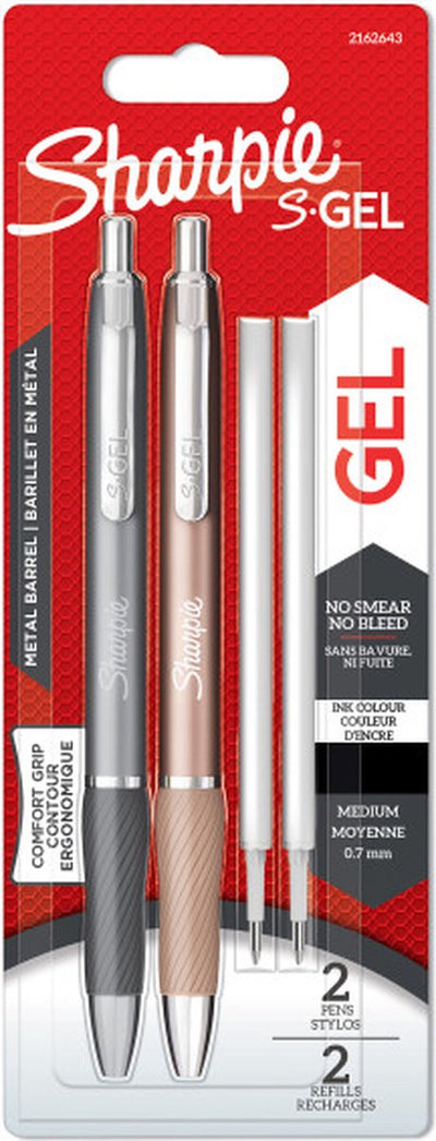 Sharpie s-gel | metalen gelpennen | mediumpunt (0,7 mm) | staalgrijs en roodgoud | zwarte inkt | 2 pennen en 2 navullingen voor gelpennen