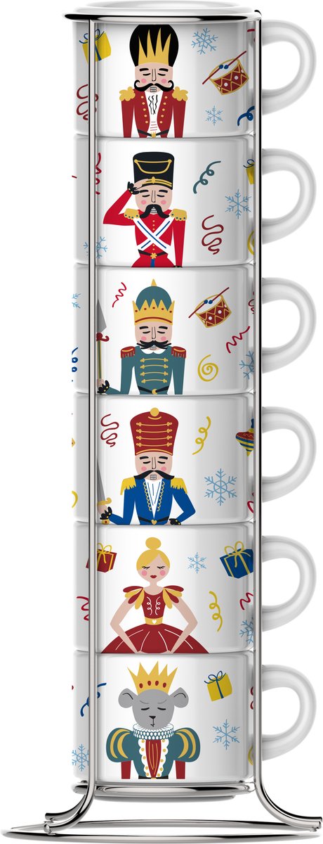 Bialetti juego de tazas de espresso cascanueces 6 piezas con rejilla - 90 ml - tazas de espresso de porcelana - edición limitada - apilables