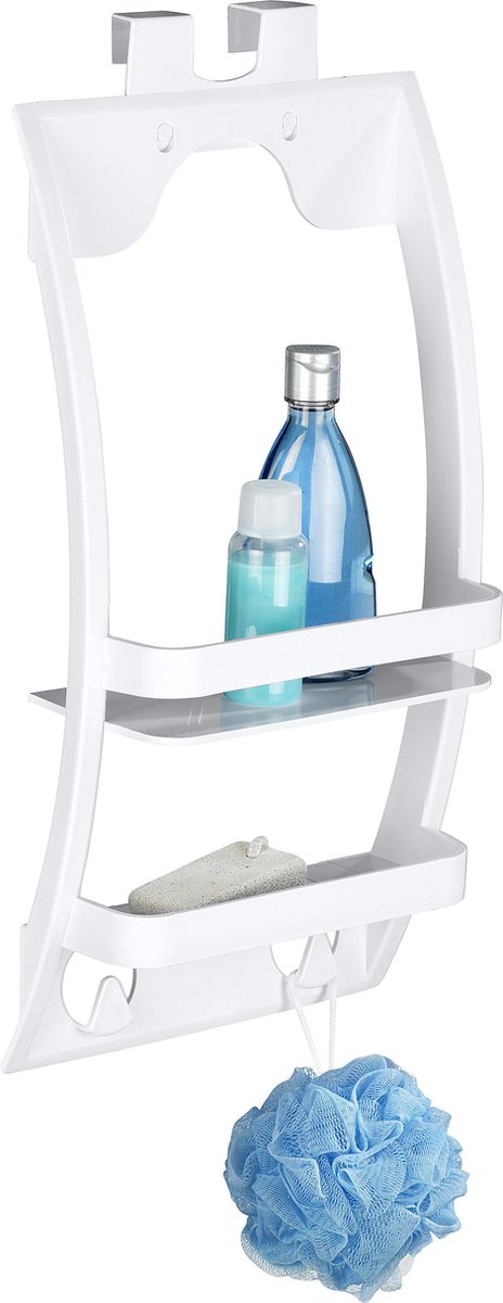 Wenko estante de ducha universal de 2 capas de plástico blanco 26x55 cm - cesta de ducha - carrito de ducha - estante de ducha para colgar en la pared de la ducha, ya sea autoadhesivo o atornillado a la pared