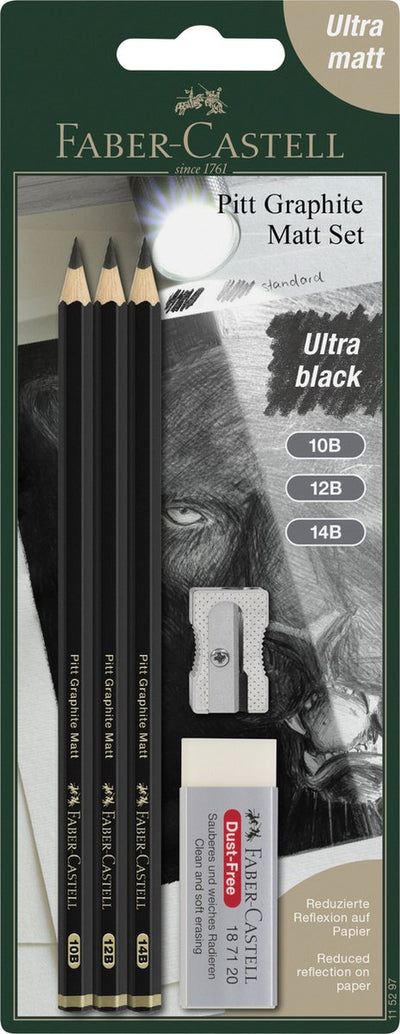 Juego de lápices de grafito faber-castell - pitt matt - juego de 3 lápices 10b-12b-14b y accesorios - fc-115297