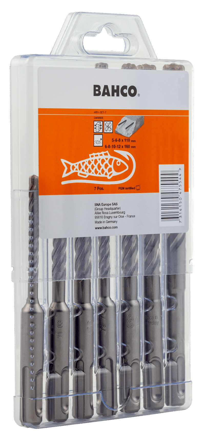 Set di punte Bahco sds+ | 4 bordi | per cemento armato | 7 pezzi | 4651-set-7