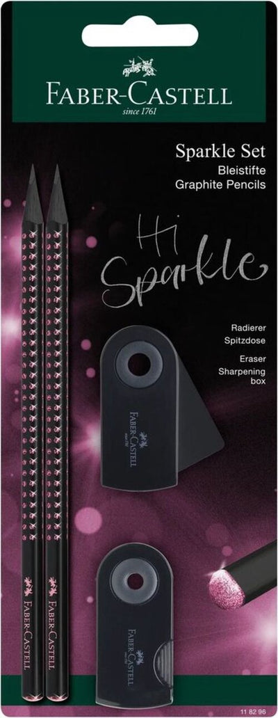 Set matite Faber-castell - grip sparkle Midnight - 4 pezzi in blister - 2x matita di grafite + gomma + temperino - rosa -fc-118296