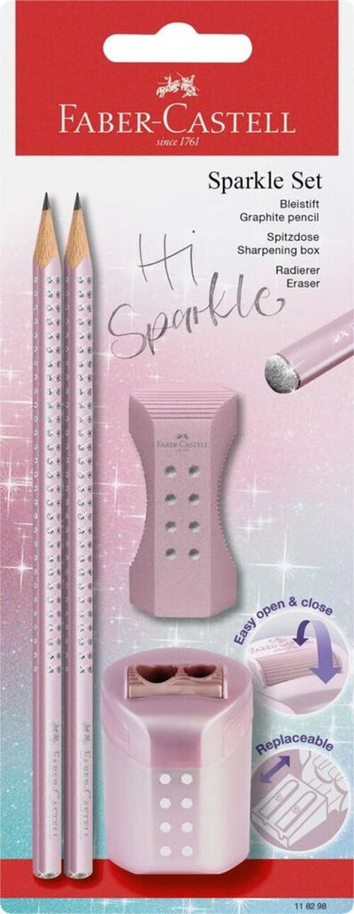 Set di matite Faber-castell - sparkle cosmic - rosa metallizzato - 2x matite di grafite, 1x gomma, 1x temperamatite - fc-118298