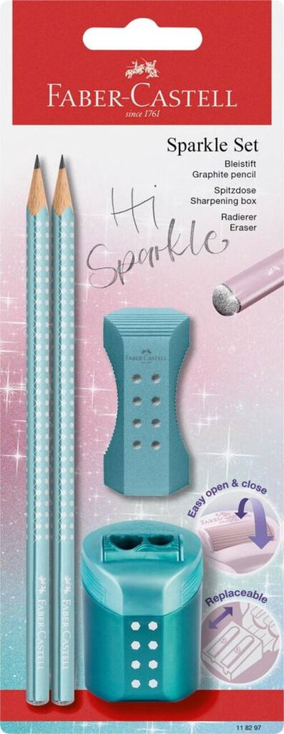 Set di matite Faber-castell - sparkle cosmic - ocean metallizzato - 2x matite di grafite, 1x gomma, 1x temperamatite - fc-118297