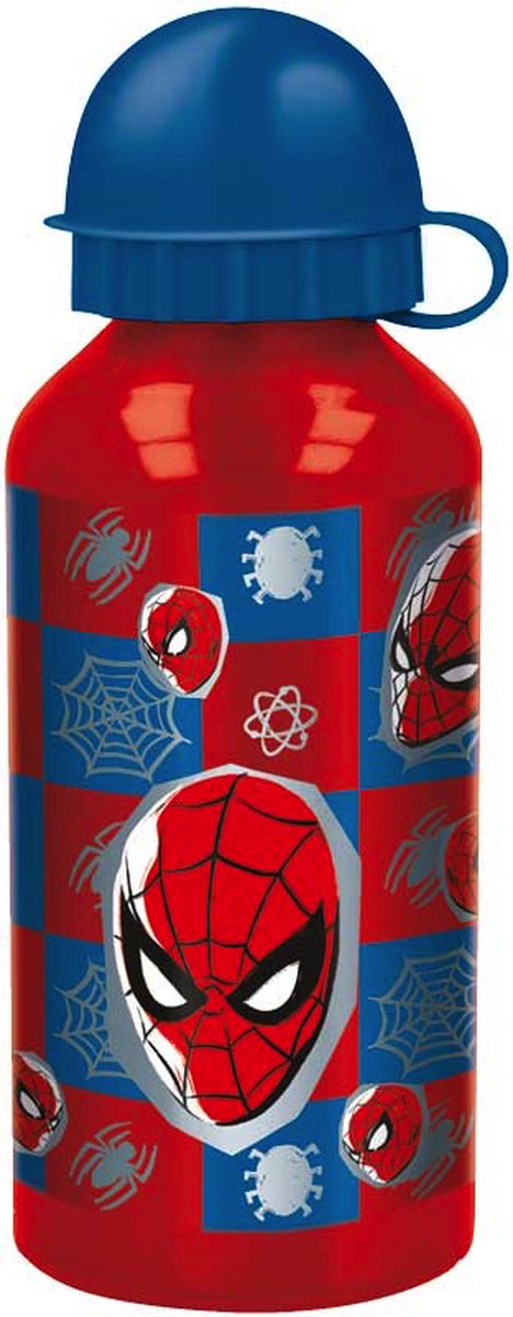 Botella de aluminio Stor Marvel's Spider-Man - 400 ml - Ligera - Tapón de rosca a prueba de fugas - Botella para niños - Rojo Azul
