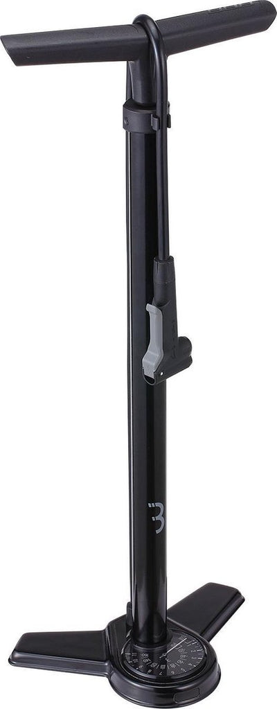 Pompa da bicicletta Bbb cycling airsteel con manometro - pompa da pavimento per bici da corsa e mountain bike - pompa a pedale extra lunga 11 bar - nera - bfp-27