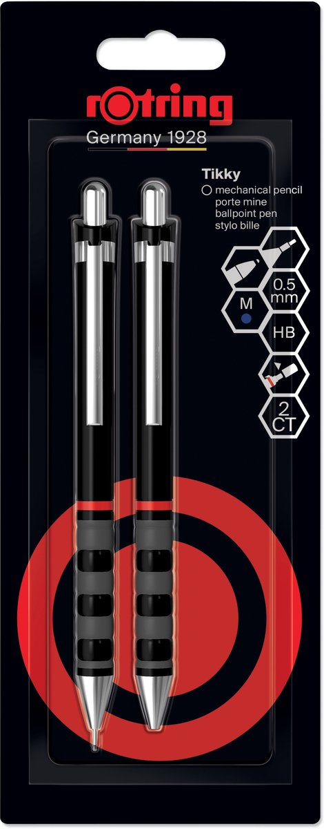 Set portamine e penna a sfera Rotring Tikky | grafite hb, matita da 0,5 mm | penna a punta media | manica nera | leggero con impugnatura in gomma