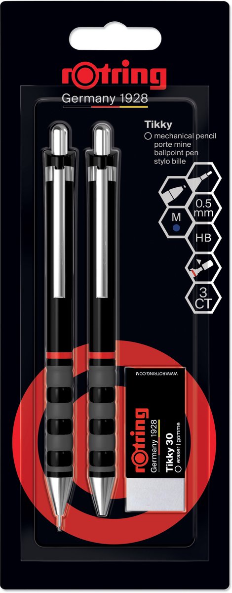 Rotring tikky set de portaminas, bolígrafo y goma de borrar | grafito hb, lápiz de 0,5 mm | bolígrafo de punta media | manga negra | ligero con empuñadura de goma