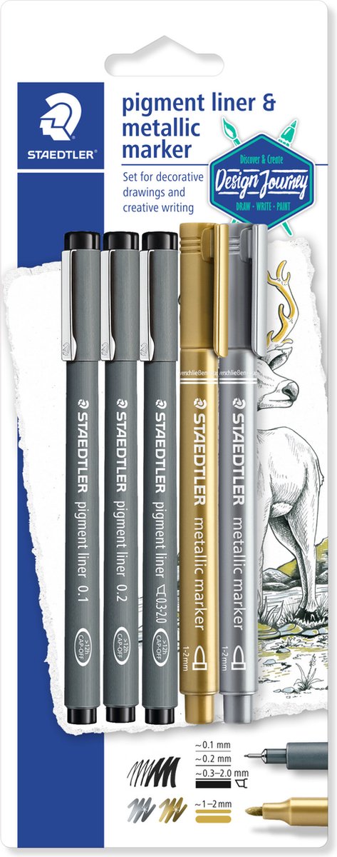 Viaggio nel design Staedtler: set di liner pigmentati 3 pezzi + 2 pennarelli metallici