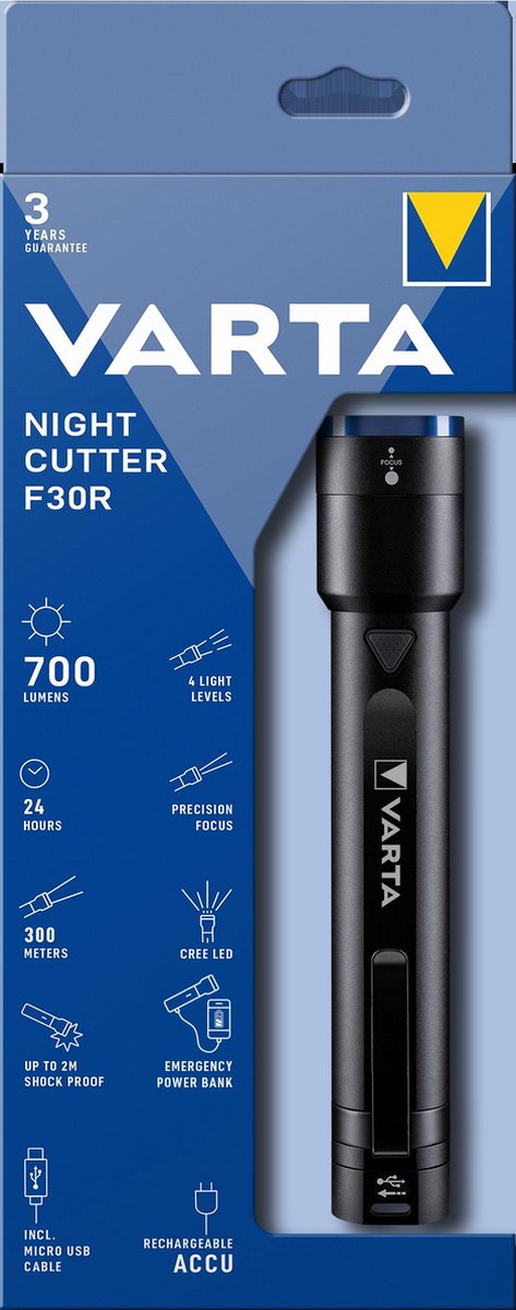 Varta Night Cutter F30R - Torcia LED e Power Bank - Resistente agli spruzzi d'acqua - 18901