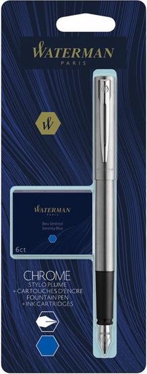 Penna stilografica Waterman allure | cromo | pennino fine | incluse 6 cartucce d'inchiostro blu corte