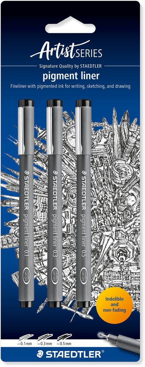 Staedtler - serie de artistas - pigment liner 308 fineliner - tarjeta con 3 piezas - negro