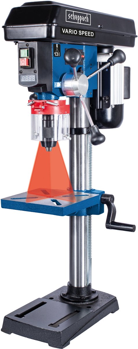 Taladro de columna Scheppach dp19vario - 550w - infinitamente ajustable de 440 a 2580r min - taladro de mesa con láser - mesa basculante