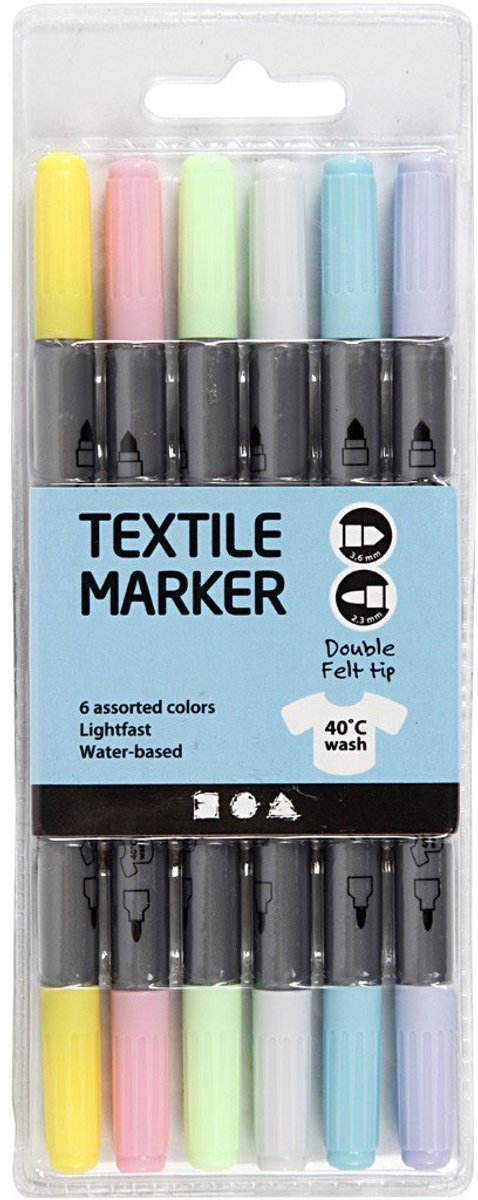 Pennarelli tessili Creative Company, larghezza tratto 2,3 + 3,6 mm, colori pastello, 6 pezzi 1 scatola