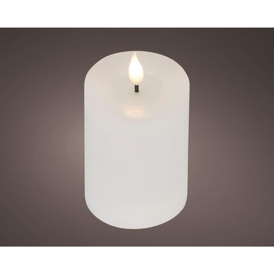 Vela LED Lumineo realista con mecha de cera y efecto llama ã˜7,5x13,5cm blanca con temporizador de 6 horas, funciona con pilas
