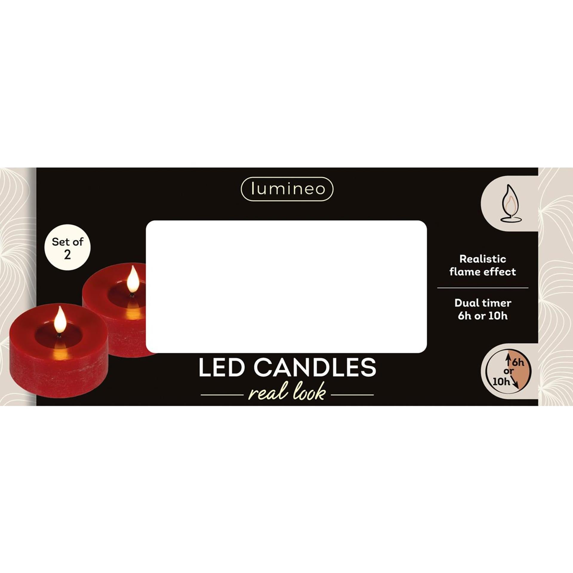 Lumineo realistico candelina LED con effetto fiamma ã˜7,5x6cm rosso con timer 6 ore, alimentato a batteria - 2 pezzi