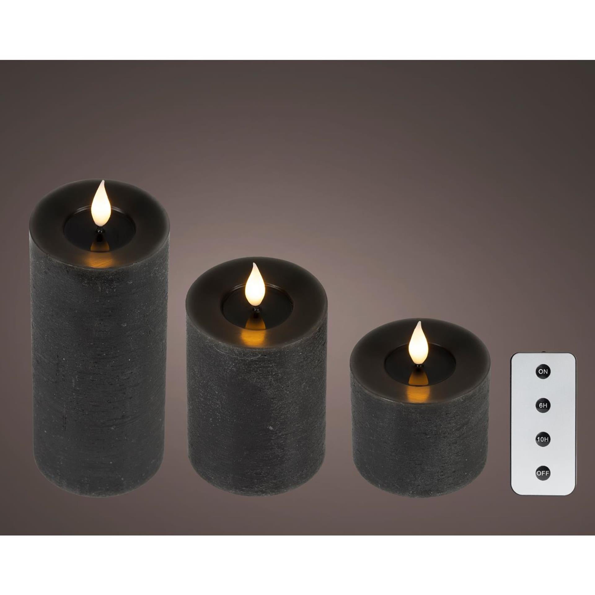 Lumineo candela LED realistica in 3 pezzi con stoppino di cera ed effetto fiamma ã˜7,5 altezza 9,5-13,5-20 cm nera con timer, funziona con telecomando e batteria