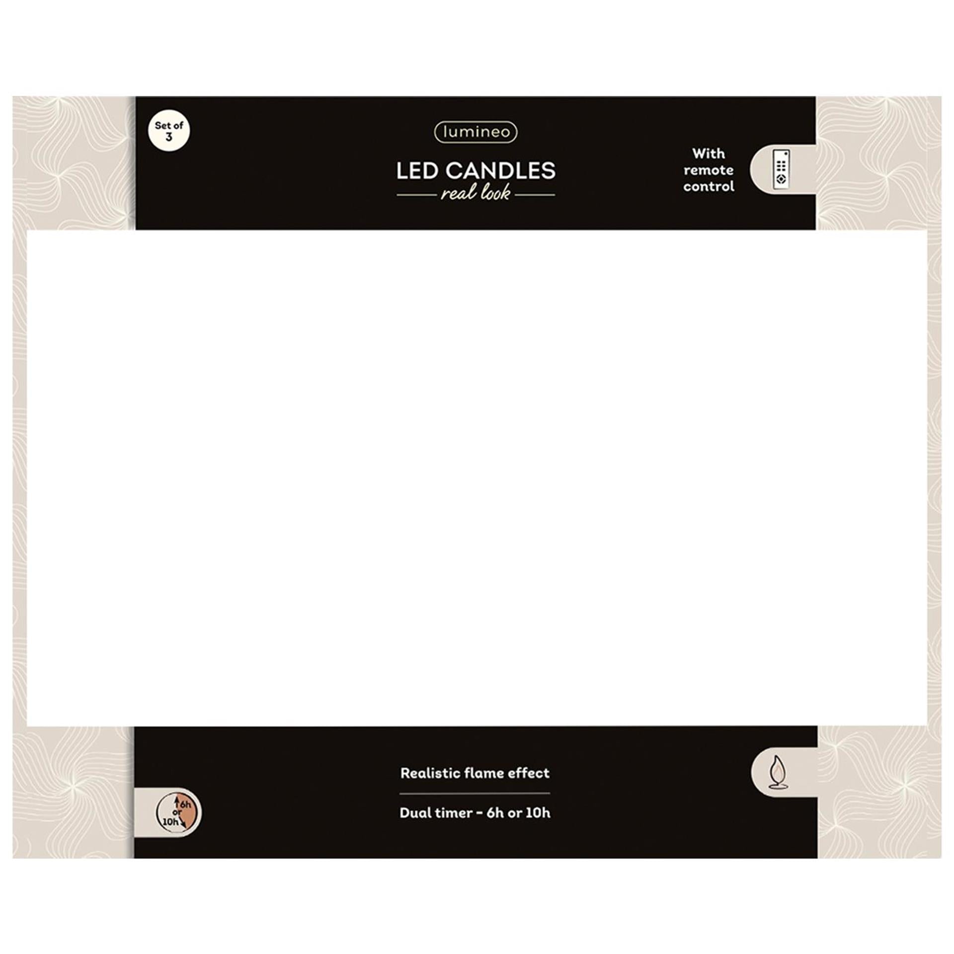 Lumineo candela LED realistica in 3 pezzi con stoppino di cera ed effetto fiamma ã˜7,5 altezza 9,5-13,5-20 cm nera con timer, funziona con telecomando e batteria