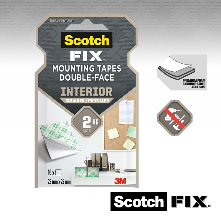 3m 1071431 - Cuadrados de montaje interior scotch-fix™ 25mmx25mm, 16 rayas | 16 piezas