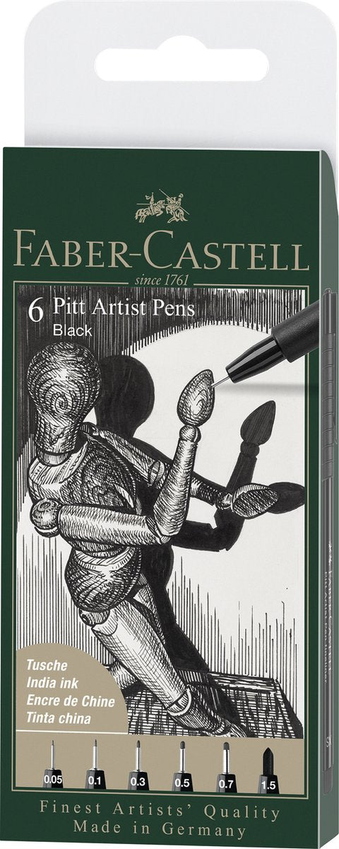 Penna da disegno Faber-castell - fineliner - penna Pitt Artist - nera - custodia da 6 pezzi larghezza del tratto xxs, xs, s, f, m, 1.5 - fc-167154