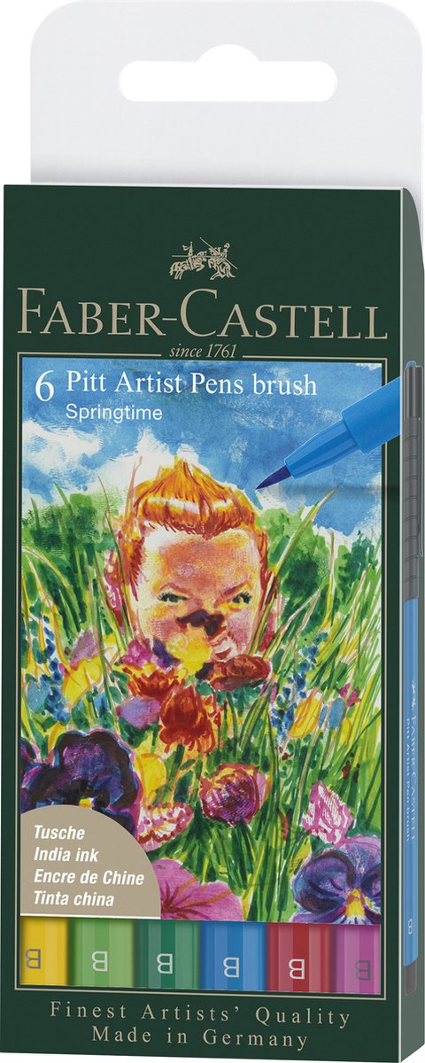 Pluma de dibujo faber-castell - pluma de artista pitt - estuche de 6 piezas - primavera - fc-167177