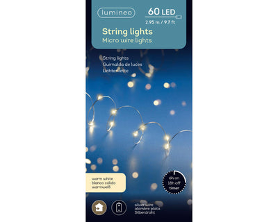 Lumineo strengverlichting micro led 60 lamps voor binnen op batterij met timer 295cm