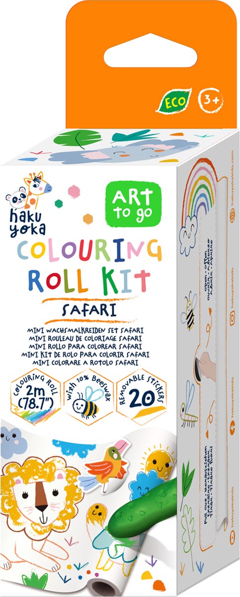 Haku yoka: kit mini rullo da colorare safari 12x200cm, inclusi 4 pastelli e adesivi, a strappo, in cera d'api (10%), in scatola 6,2x6,2x19,6cm, 3+