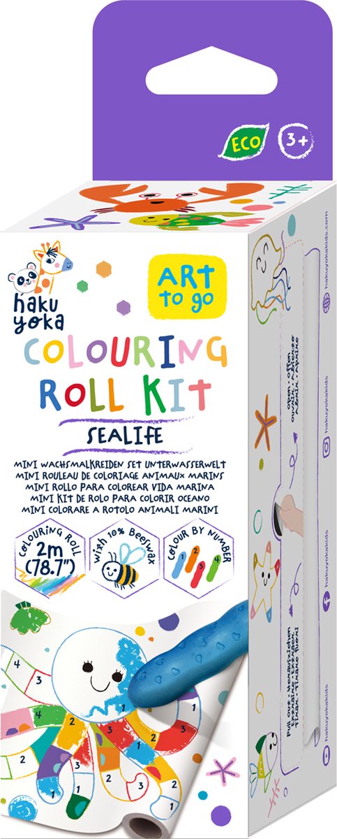 Haku yoka: kit mini rullo da colorare animali marini 12x200cm, inclusi 4 pastelli e pittura per numero, a strappo, in cera d'api (10%), in scatola 6,2x6,2x19,6cm, 3+