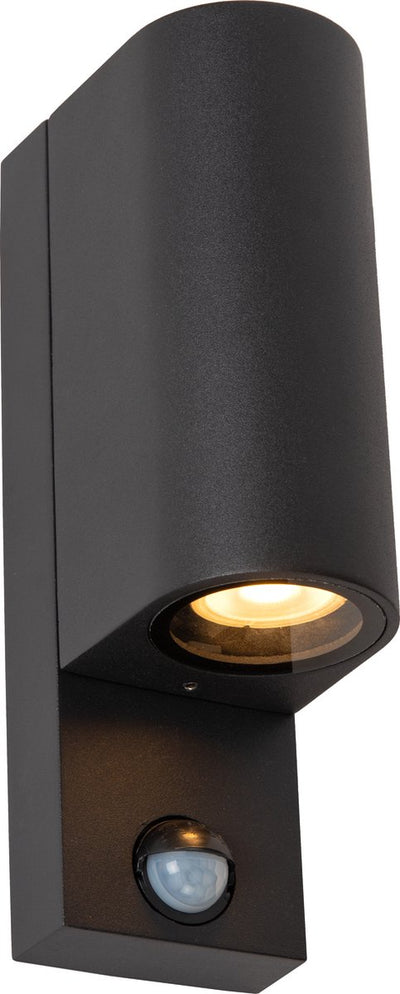 Lucide zaro - aplique de pared para interiores y exteriores - 2xgu10 - ip65 - sensor de movimiento día noche (conmutable) - negro