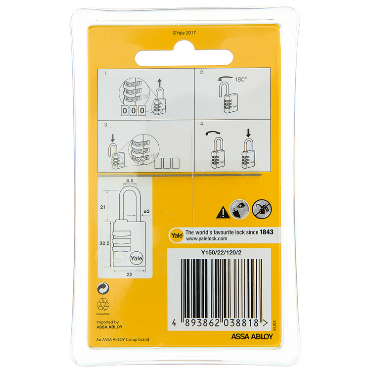 Yale 1060493 - 2 lucchetti a codice 22mm ottone | 3 pezzi