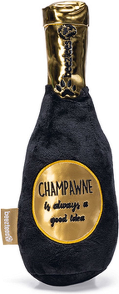 Beeztees champagnefles - hondenspeelgoed - pluche - zwart goud - 30x9x9 cm