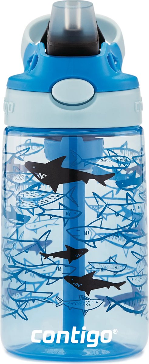 Contigo biberón infantil con boquilla automática easy clean y pajita, resistente bidón sin BPA, 100% estanco, fácil limpieza, ideal para guardería, guardería, colegio y deporte, 420 ml | tiburones