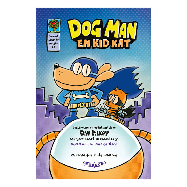 Casa del libro central perro hombre y niño gato