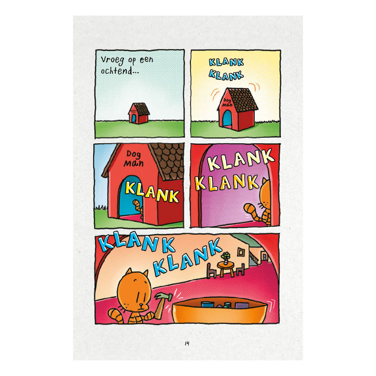Casa del libro central perro hombre y niño gato