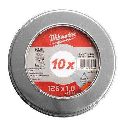 Milwaukee accessoires milwaukee cut.w pro+ scs 41 125 x 1.0 mm metalbox - 10 pcs doorslijpschijf metaal pro+ scs41 125 x 1 mm dun 10 stuks in metal box - 4932478998