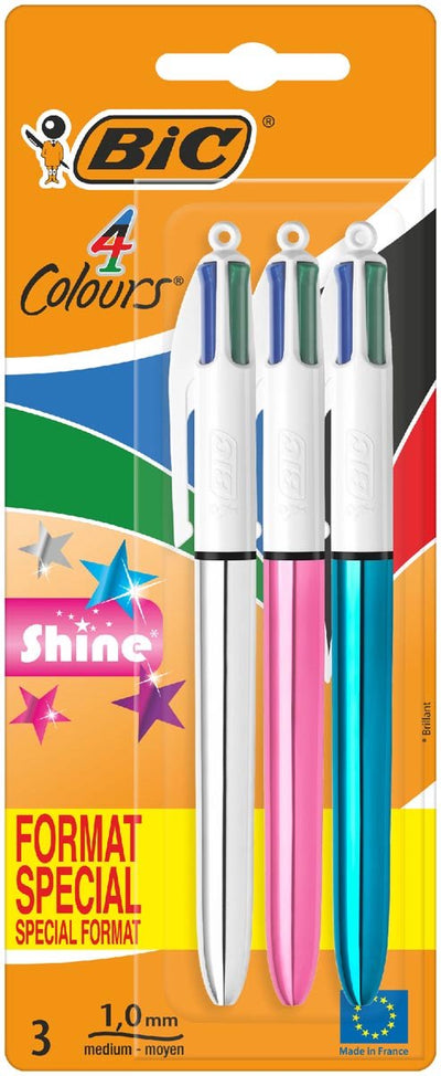 Penna a sfera Bic Colors Shine a 4 colori | medio | colori classici dell'inchiostro | blister da 3 pezzi