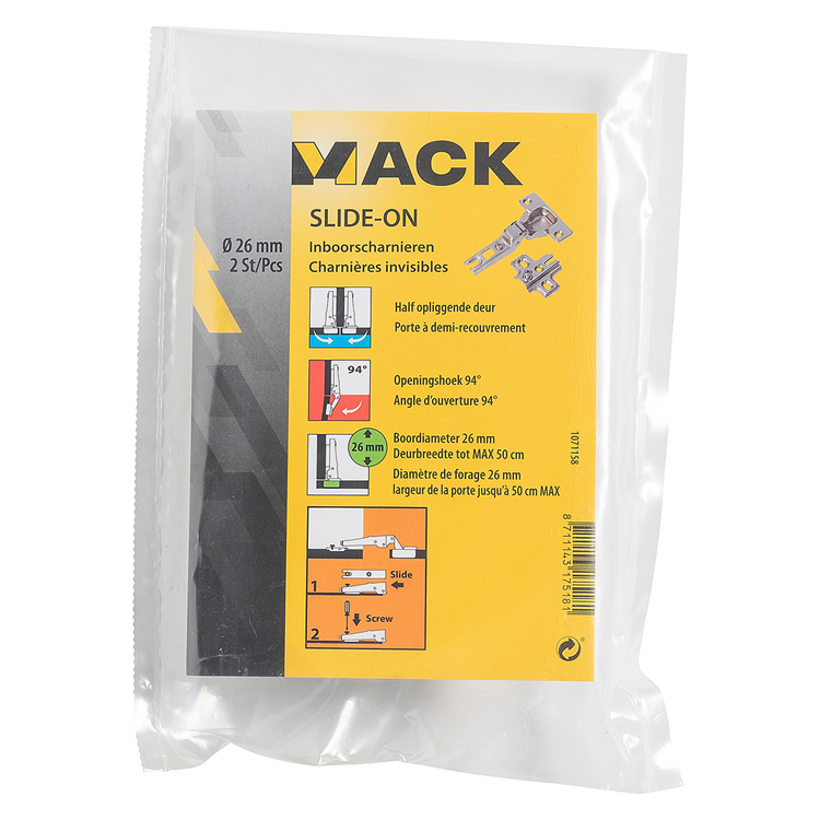 Mack 1071158 - 2 cerniere forate scorrevoli su anta semi-in battuta 26mm 110° | 5 pezzi