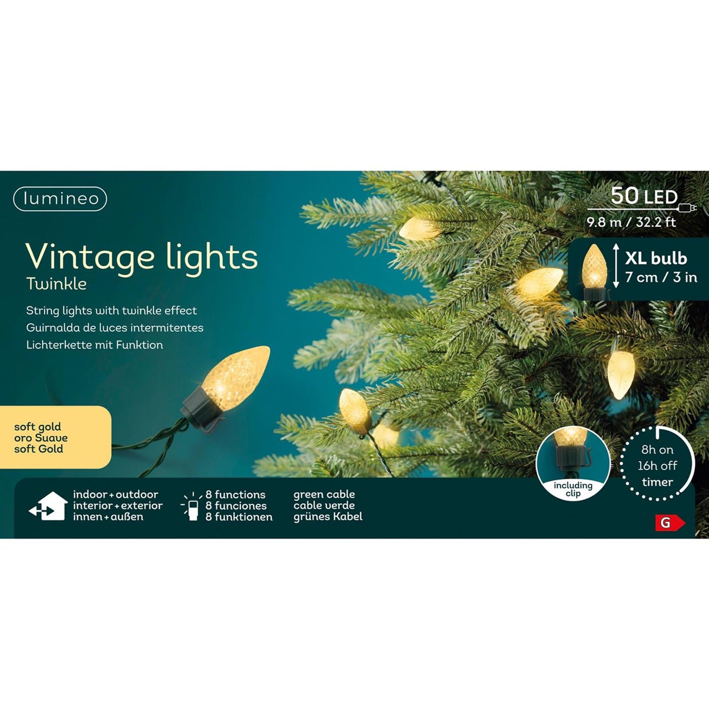 Lumineo LED vintage iluminación para árbol de Navidad 8 funciones efecto centelleo 50LED 980cm verde oro suave