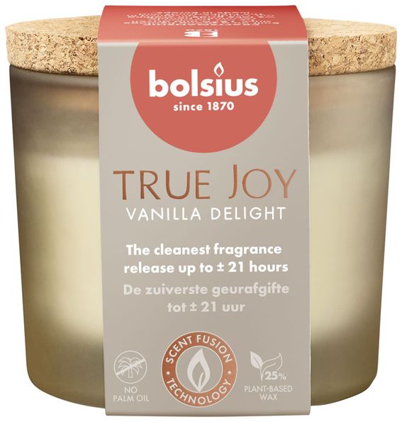 Bolsius bicchiere profumato con coperchio in sughero true joy vaniglia delizia ø83x66 mm 21 ore (6 pezzi)